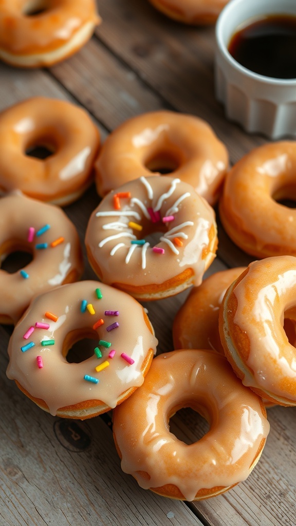 Freshly glazed donuts on a wooden table, some with sprinkles, accompanied by a cup of coffee.